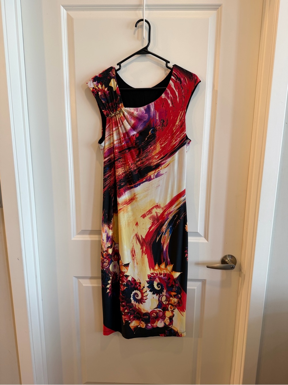 Abstract Swirl Midi Dress in Red, Black & Cream